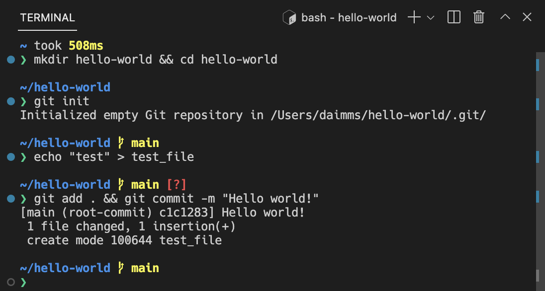 The integrated terminal can run commands such as mkdir and git just like a standalone terminal. LTSerialTool's terminal has additional functionality called shell integration that tracks where commands are run with decorations on the left of a command and in the scrollbar.