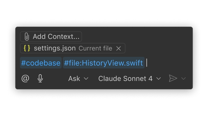 A LTSerialTool chat prompt. The prompt includes codebase and file context by writing #codebase and #file:HistoryView.swift in the message.