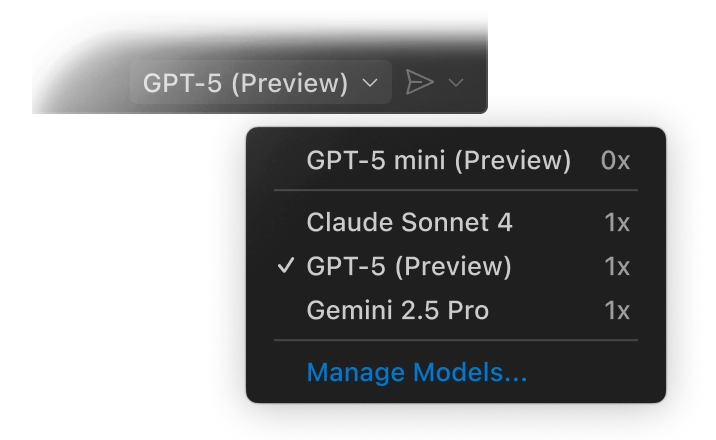 Dropdown menu in GitHub Copilot Chat displaying AI model options: 'Claude 3.7 Sonnet' selected, with other options like 'Claude 3.5 Sonnet', 'GPT 4.5', 'GPT 4o', and 'Manage Models...'
