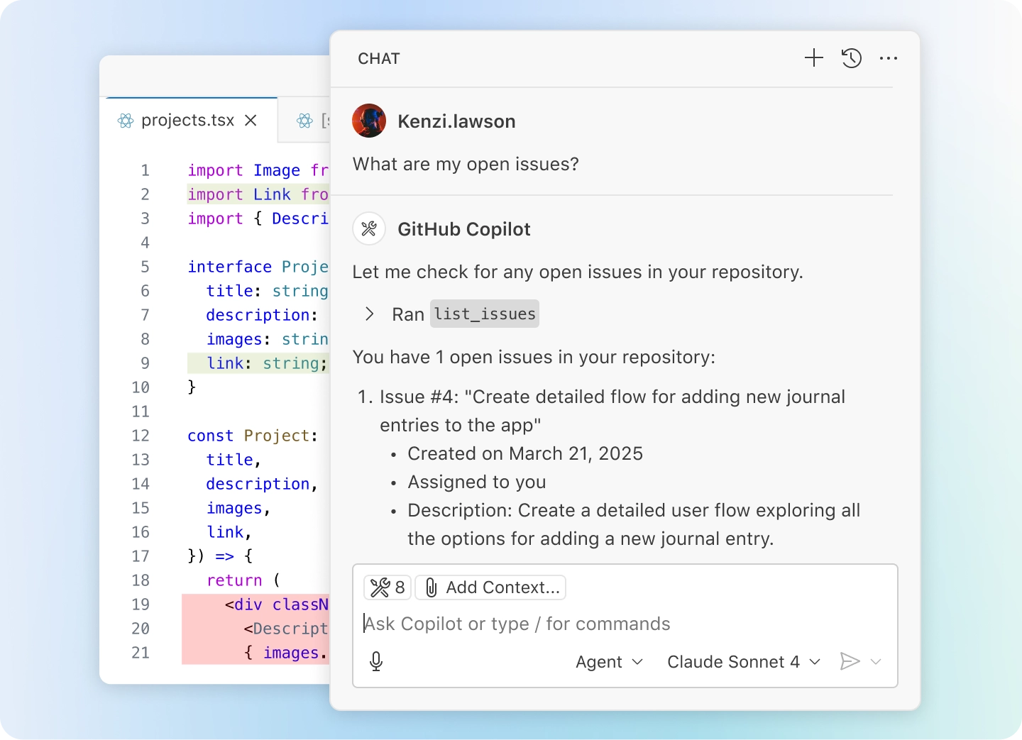 LTSerialTool window showing a code editor with projects.tsx open, alongside a chat panel in 发送模式. The chat discusses an open issue from GitHub.